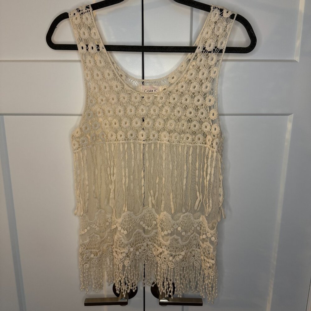 Crystal K Women's Crochet Fringe Tank Top Beige Sheer Shirt Boho Size Medium